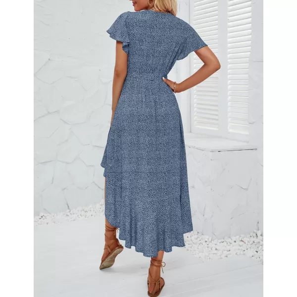 imageZESICA Womens Summer Bohemian Floral Printed Wrap V Neck Beach Party Flowy Ruffle Midi DressDustyblue
