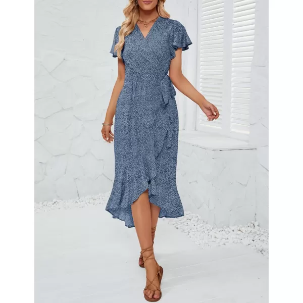 imageZESICA Womens Summer Bohemian Floral Printed Wrap V Neck Beach Party Flowy Ruffle Midi DressDustyblue