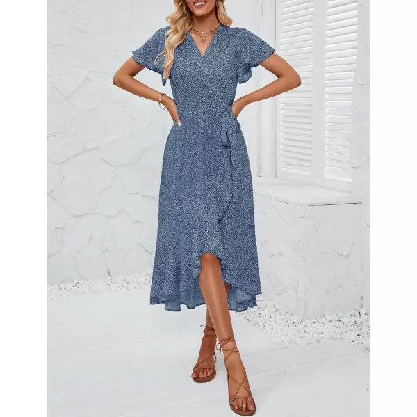 imageZESICA Womens Summer Bohemian Floral Printed Wrap V Neck Beach Party Flowy Ruffle Midi DressDustyblue