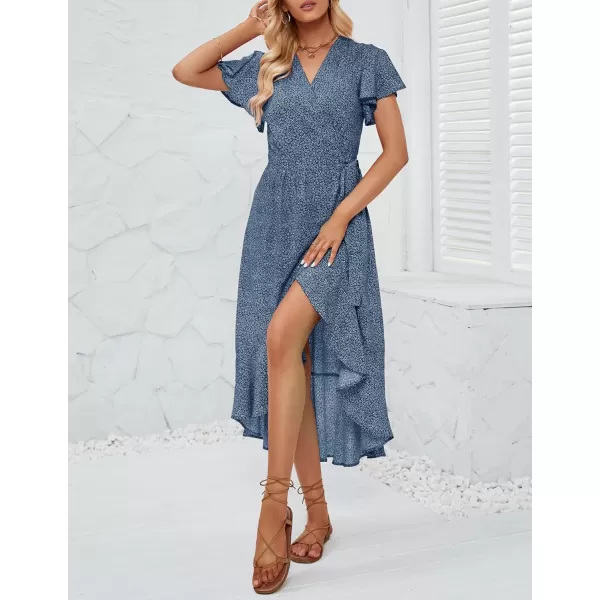 imageZESICA Womens Summer Bohemian Floral Printed Wrap V Neck Beach Party Flowy Ruffle Midi DressDustyblue