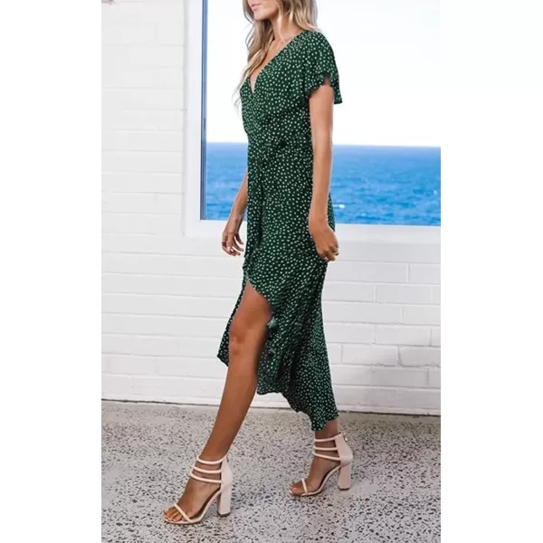 imageZESICA Womens Summer Bohemian Floral Printed Wrap V Neck Beach Party Flowy Ruffle Midi DressForestgreen