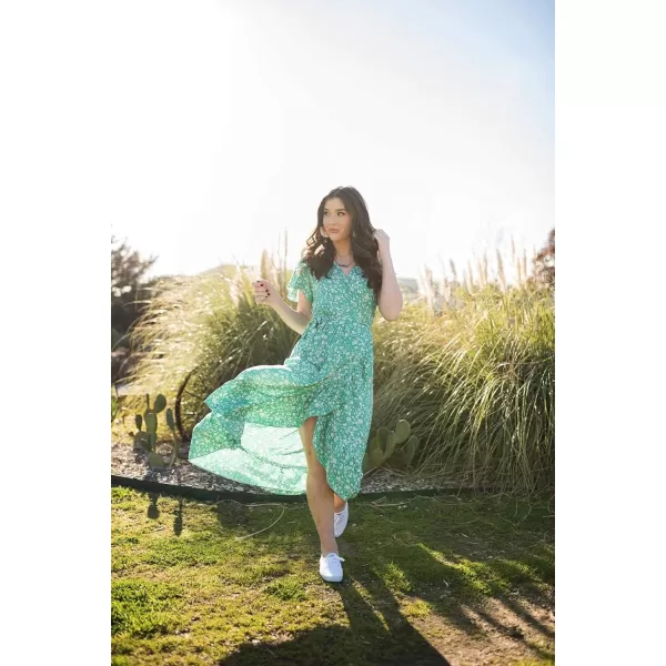 imageZESICA Womens Summer Bohemian Floral Printed Wrap V Neck Beach Party Flowy Ruffle Midi DressGreen