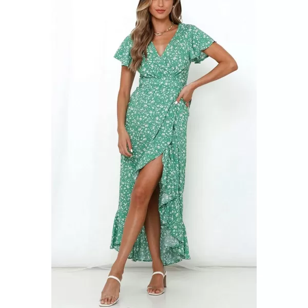 imageZESICA Womens Summer Bohemian Floral Printed Wrap V Neck Beach Party Flowy Ruffle Midi DressGreen