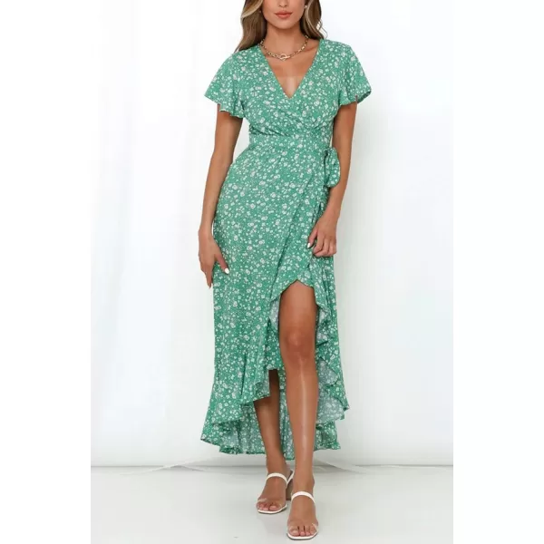 imageZESICA Womens Summer Bohemian Floral Printed Wrap V Neck Beach Party Flowy Ruffle Midi DressGreen
