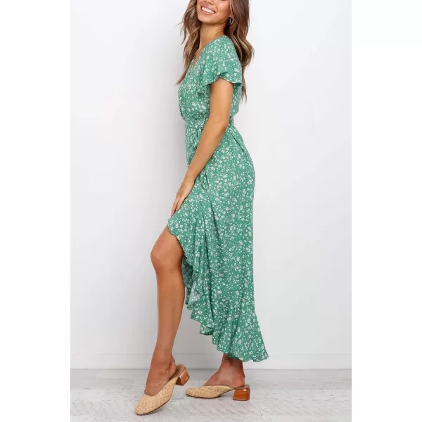 imageZESICA Womens Summer Bohemian Floral Printed Wrap V Neck Beach Party Flowy Ruffle Midi DressGreen