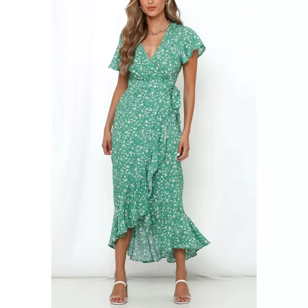 imageZESICA Womens Summer Bohemian Floral Printed Wrap V Neck Beach Party Flowy Ruffle Midi DressGreen