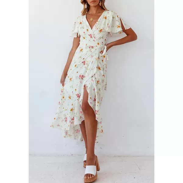 imageZESICA Womens Summer Bohemian Floral Printed Wrap V Neck Beach Party Flowy Ruffle Midi DressIvory