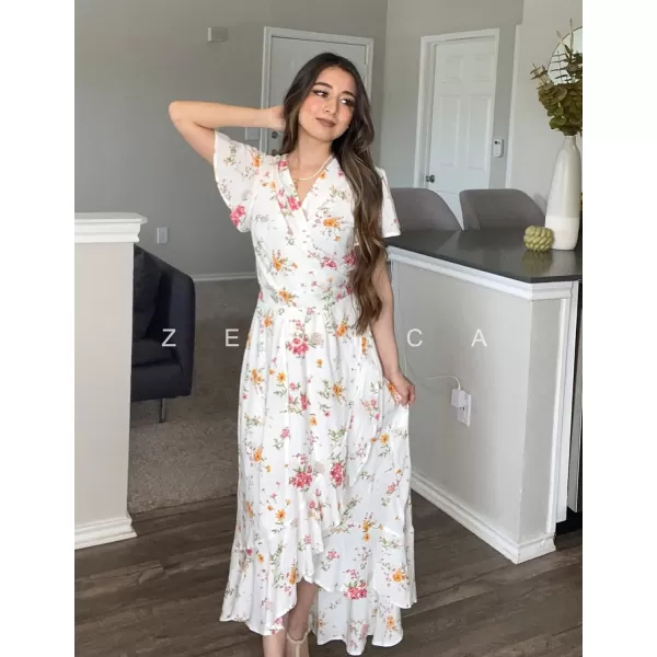 imageZESICA Womens Summer Bohemian Floral Printed Wrap V Neck Beach Party Flowy Ruffle Midi DressIvory