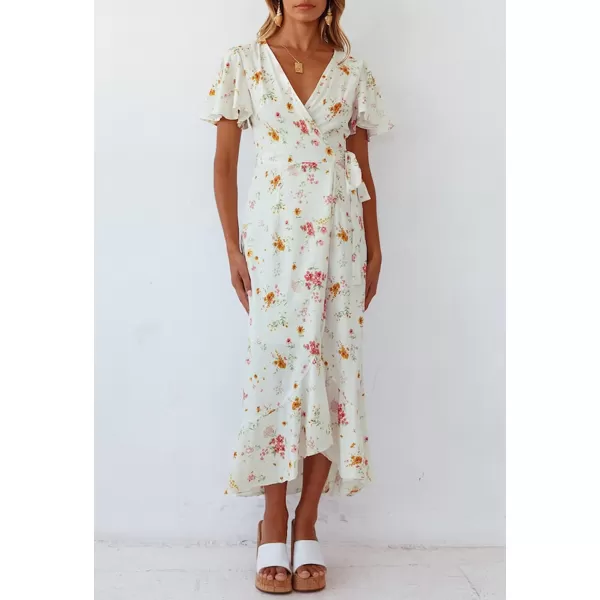 imageZESICA Womens Summer Bohemian Floral Printed Wrap V Neck Beach Party Flowy Ruffle Midi DressIvory