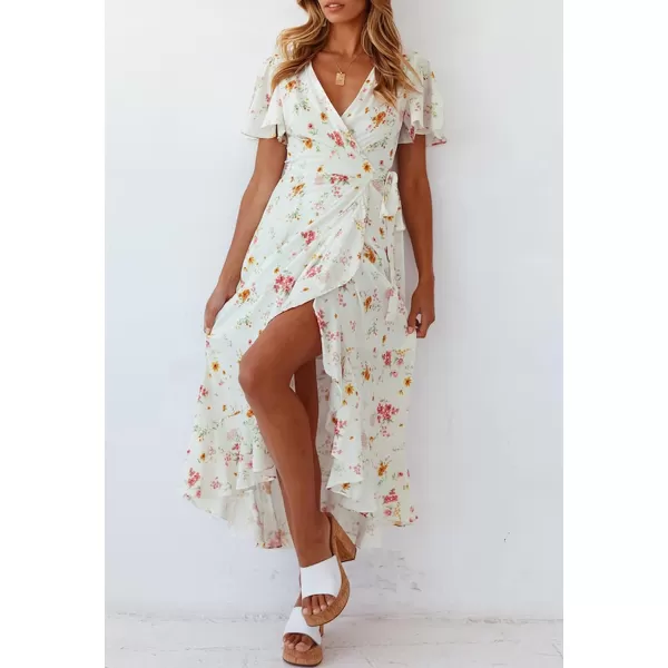 imageZESICA Womens Summer Bohemian Floral Printed Wrap V Neck Beach Party Flowy Ruffle Midi DressIvory