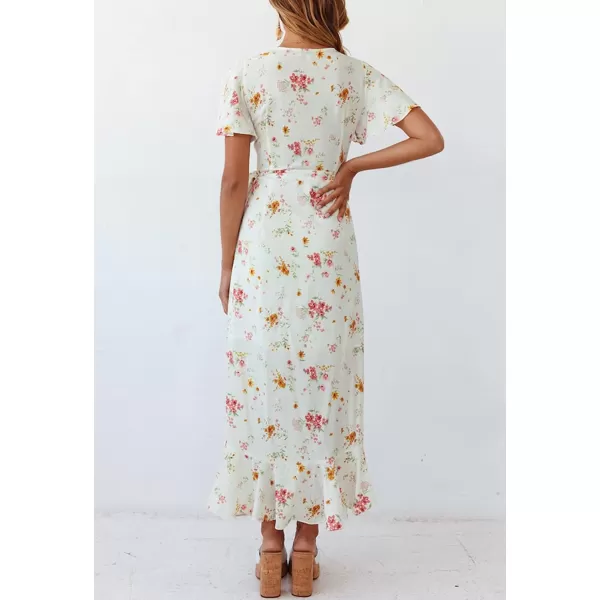 imageZESICA Womens Summer Bohemian Floral Printed Wrap V Neck Beach Party Flowy Ruffle Midi DressIvory