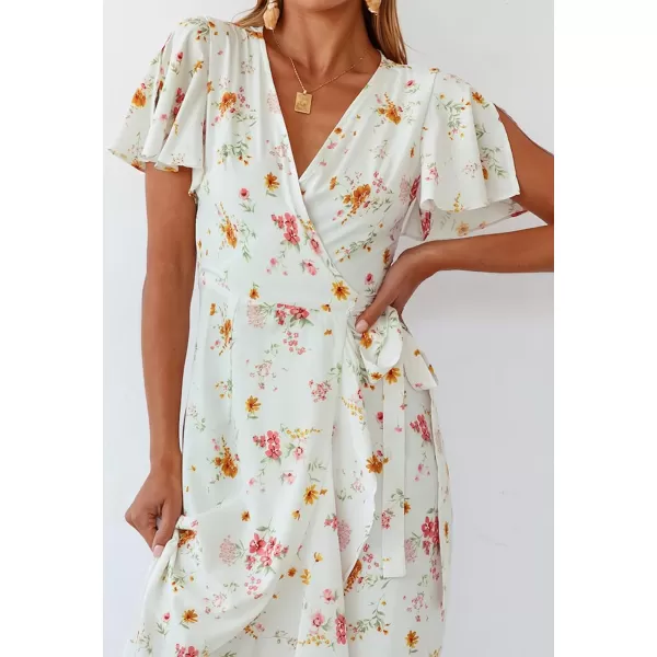 imageZESICA Womens Summer Bohemian Floral Printed Wrap V Neck Beach Party Flowy Ruffle Midi DressIvory