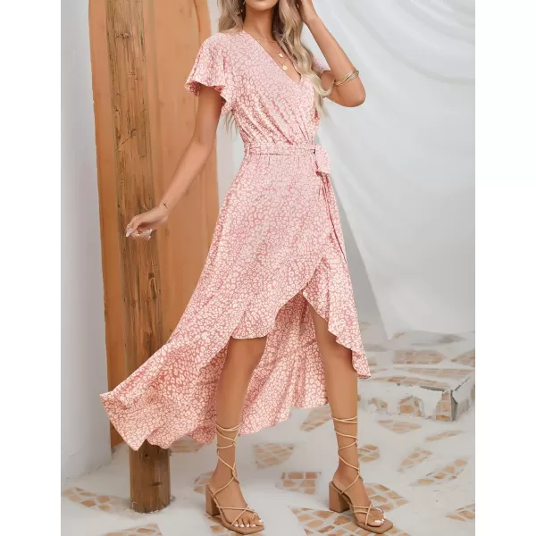 imageZESICA Womens Summer Bohemian Floral Printed Wrap V Neck Beach Party Flowy Ruffle Midi DressLightpink