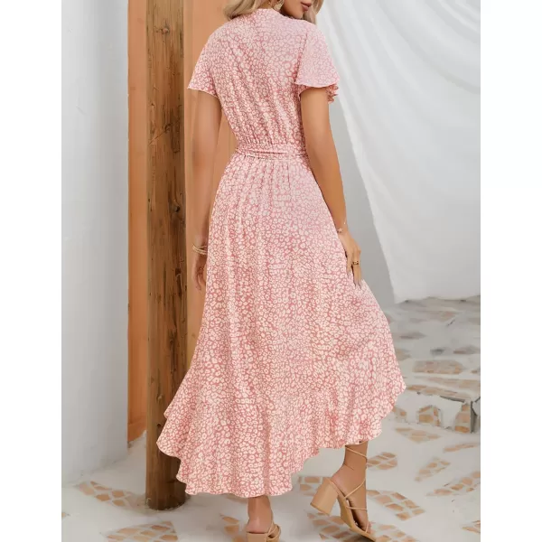 imageZESICA Womens Summer Bohemian Floral Printed Wrap V Neck Beach Party Flowy Ruffle Midi DressLightpink