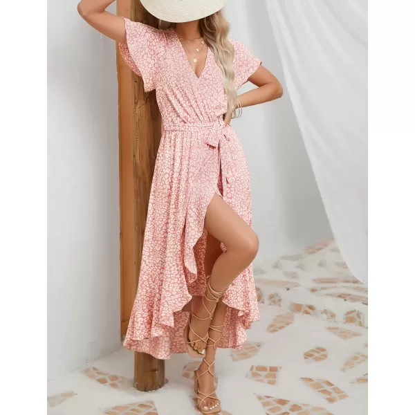 imageZESICA Womens Summer Bohemian Floral Printed Wrap V Neck Beach Party Flowy Ruffle Midi DressLightpink