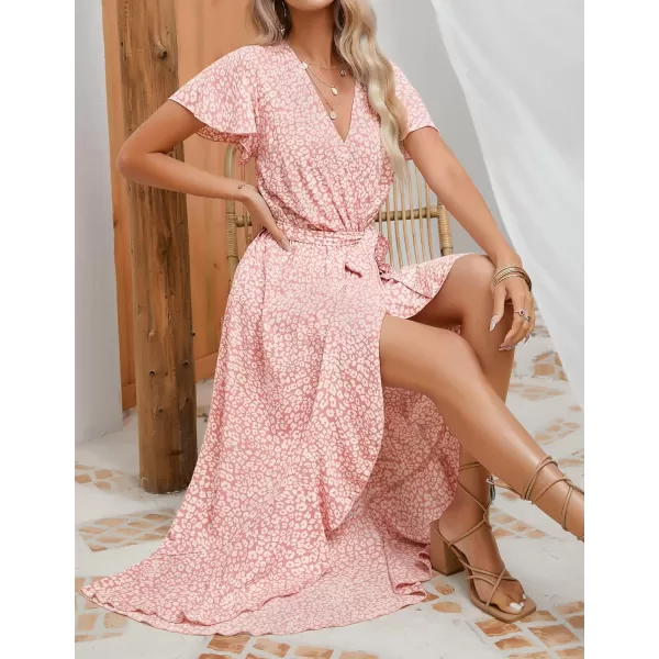 imageZESICA Womens Summer Bohemian Floral Printed Wrap V Neck Beach Party Flowy Ruffle Midi DressLightpink