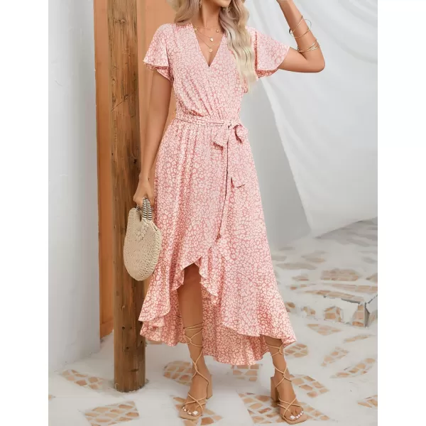 imageZESICA Womens Summer Bohemian Floral Printed Wrap V Neck Beach Party Flowy Ruffle Midi DressLightpink