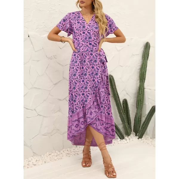 imageZESICA Womens Summer Bohemian Floral Printed Wrap V Neck Beach Party Flowy Ruffle Midi DressLightpurple