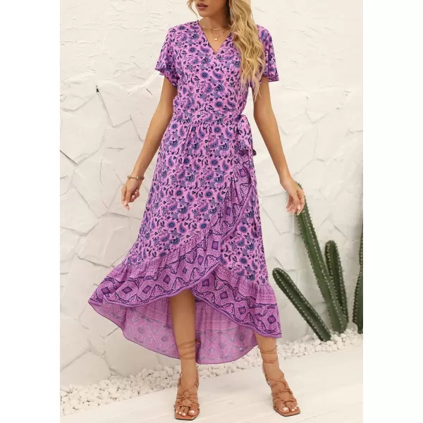 imageZESICA Womens Summer Bohemian Floral Printed Wrap V Neck Beach Party Flowy Ruffle Midi DressLightpurple