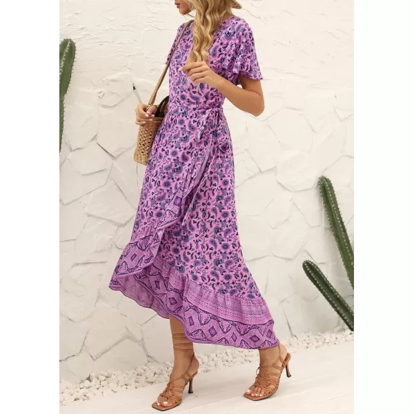 imageZESICA Womens Summer Bohemian Floral Printed Wrap V Neck Beach Party Flowy Ruffle Midi DressLightpurple