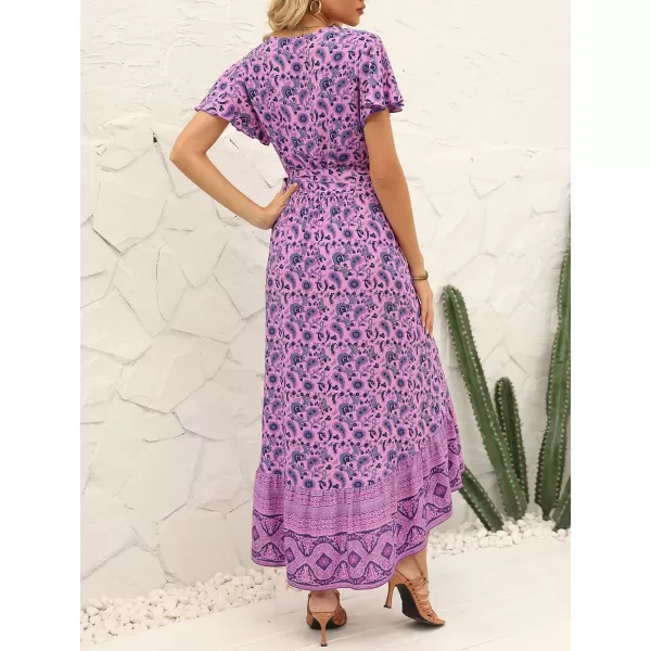 imageZESICA Womens Summer Bohemian Floral Printed Wrap V Neck Beach Party Flowy Ruffle Midi DressLightpurple