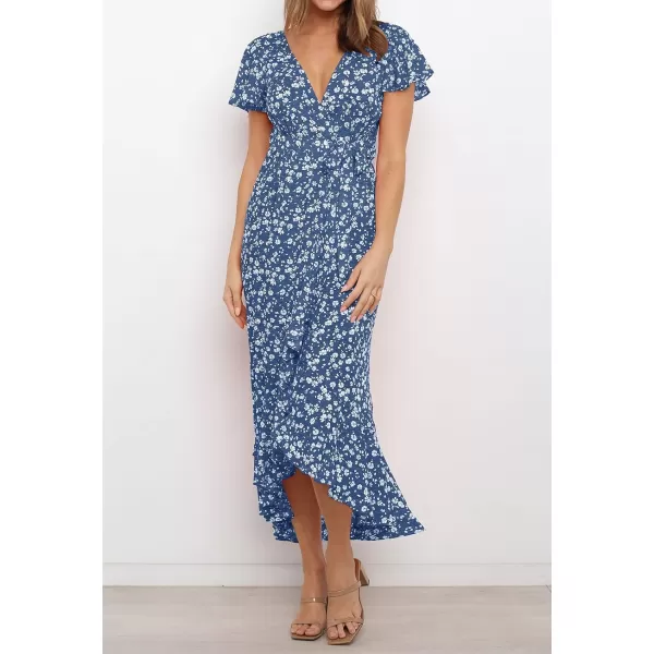 imageZESICA Womens Summer Bohemian Floral Printed Wrap V Neck Beach Party Flowy Ruffle Midi DressMidnightblue