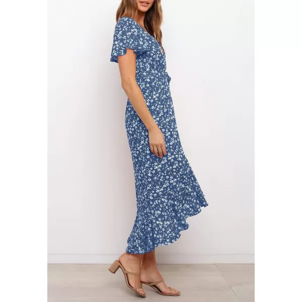 imageZESICA Womens Summer Bohemian Floral Printed Wrap V Neck Beach Party Flowy Ruffle Midi DressMidnightblue