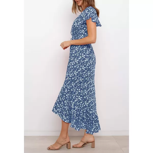 imageZESICA Womens Summer Bohemian Floral Printed Wrap V Neck Beach Party Flowy Ruffle Midi DressMidnightblue