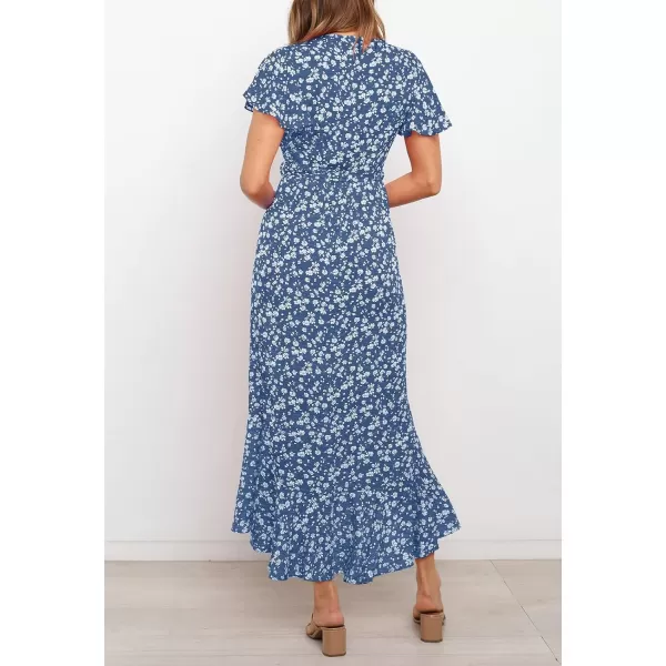 imageZESICA Womens Summer Bohemian Floral Printed Wrap V Neck Beach Party Flowy Ruffle Midi DressMidnightblue