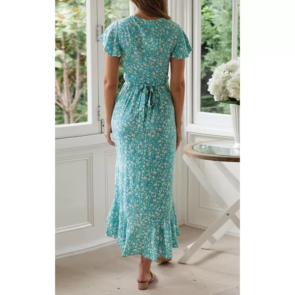 imageZESICA Womens Summer Bohemian Floral Printed Wrap V Neck Beach Party Flowy Ruffle Midi DressMint