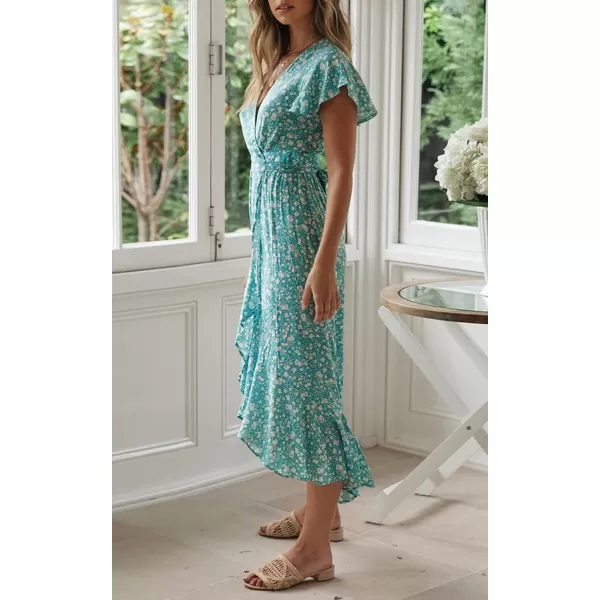 imageZESICA Womens Summer Bohemian Floral Printed Wrap V Neck Beach Party Flowy Ruffle Midi DressMint