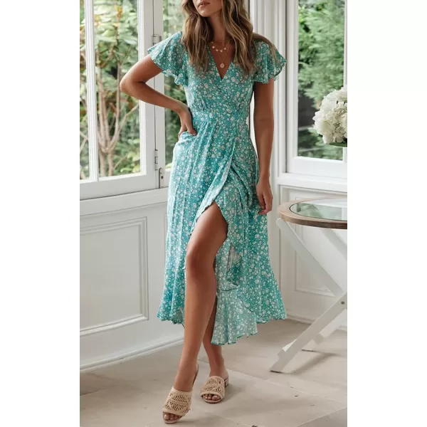 imageZESICA Womens Summer Bohemian Floral Printed Wrap V Neck Beach Party Flowy Ruffle Midi DressMint