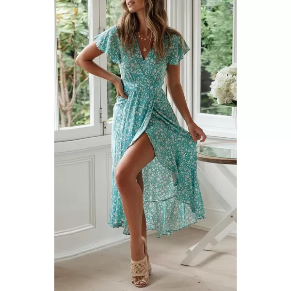 imageZESICA Womens Summer Bohemian Floral Printed Wrap V Neck Beach Party Flowy Ruffle Midi DressMint