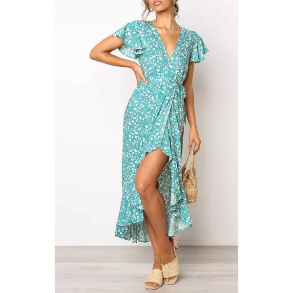 imageZESICA Womens Summer Bohemian Floral Printed Wrap V Neck Beach Party Flowy Ruffle Midi DressMint