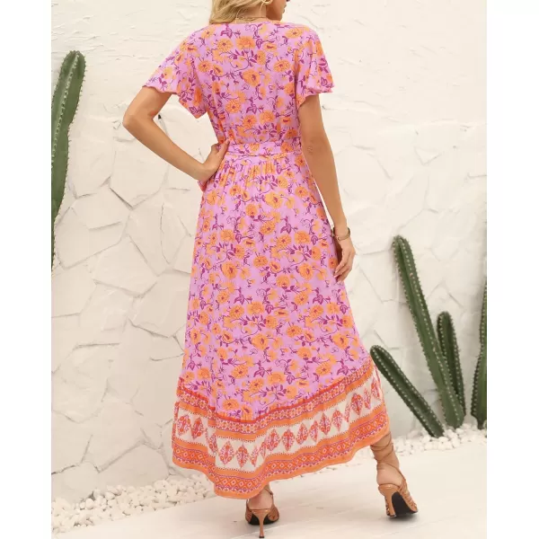 imageZESICA Womens Summer Bohemian Floral Printed Wrap V Neck Beach Party Flowy Ruffle Midi DressPinkpurple