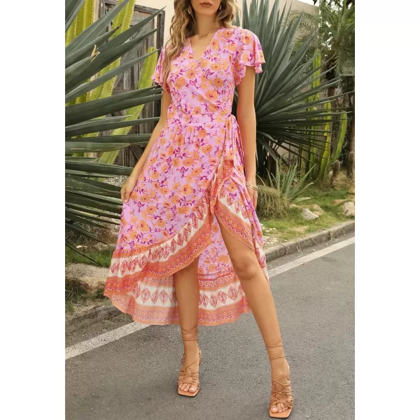 imageZESICA Womens Summer Bohemian Floral Printed Wrap V Neck Beach Party Flowy Ruffle Midi DressPinkpurple