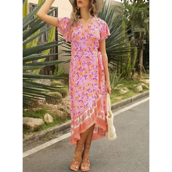 imageZESICA Womens Summer Bohemian Floral Printed Wrap V Neck Beach Party Flowy Ruffle Midi DressPinkpurple