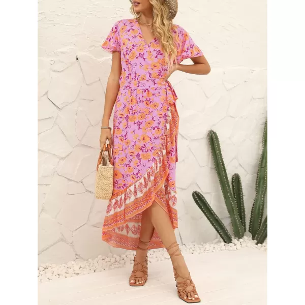 imageZESICA Womens Summer Bohemian Floral Printed Wrap V Neck Beach Party Flowy Ruffle Midi DressPinkpurple