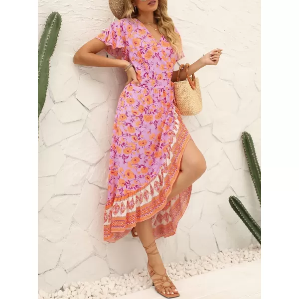 imageZESICA Womens Summer Bohemian Floral Printed Wrap V Neck Beach Party Flowy Ruffle Midi DressPinkpurple