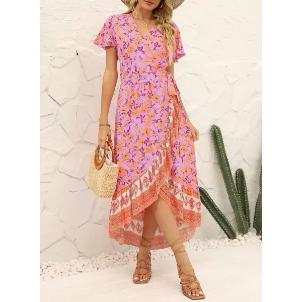 imageZESICA Womens Summer Bohemian Floral Printed Wrap V Neck Beach Party Flowy Ruffle Midi DressPinkpurple