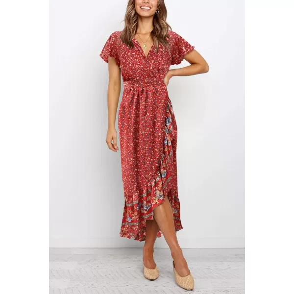 imageZESICA Womens Summer Bohemian Floral Printed Wrap V Neck Beach Party Flowy Ruffle Midi DressRed