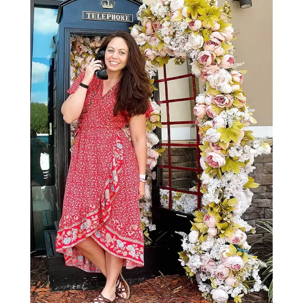 imageZESICA Womens Summer Bohemian Floral Printed Wrap V Neck Beach Party Flowy Ruffle Midi DressRed