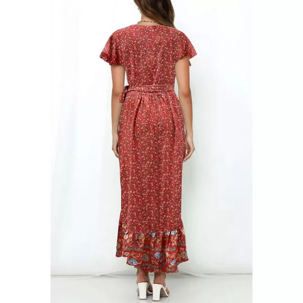 imageZESICA Womens Summer Bohemian Floral Printed Wrap V Neck Beach Party Flowy Ruffle Midi DressRed