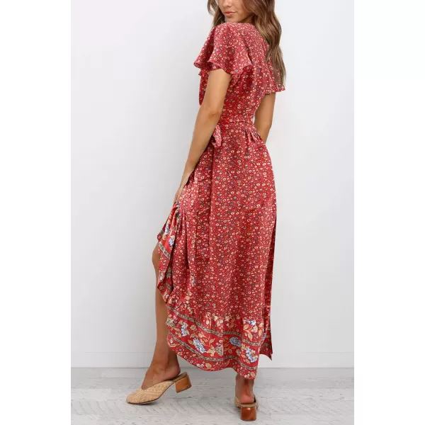 imageZESICA Womens Summer Bohemian Floral Printed Wrap V Neck Beach Party Flowy Ruffle Midi DressRed