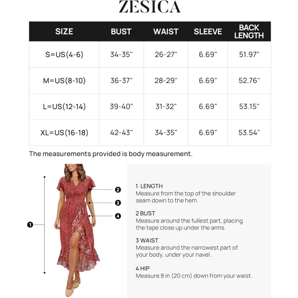 imageZESICA Womens Summer Bohemian Floral Printed Wrap V Neck Beach Party Flowy Ruffle Midi DressRed