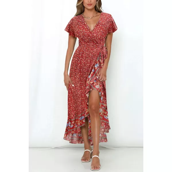 imageZESICA Womens Summer Bohemian Floral Printed Wrap V Neck Beach Party Flowy Ruffle Midi DressRed