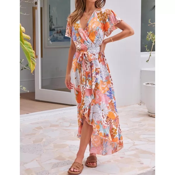imageZESICA Womens Summer Bohemian Floral Printed Wrap V Neck Beach Party Flowy Ruffle Midi DressTangerine