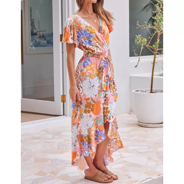 imageZESICA Womens Summer Bohemian Floral Printed Wrap V Neck Beach Party Flowy Ruffle Midi DressTangerine