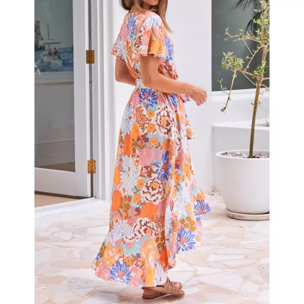 imageZESICA Womens Summer Bohemian Floral Printed Wrap V Neck Beach Party Flowy Ruffle Midi DressTangerine