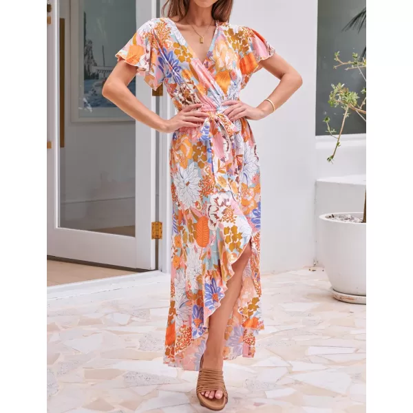 imageZESICA Womens Summer Bohemian Floral Printed Wrap V Neck Beach Party Flowy Ruffle Midi DressTangerine